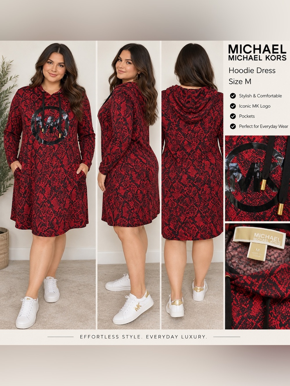 MICHAEL Michael Kors Red Black Snake-Print Hoodie Dress